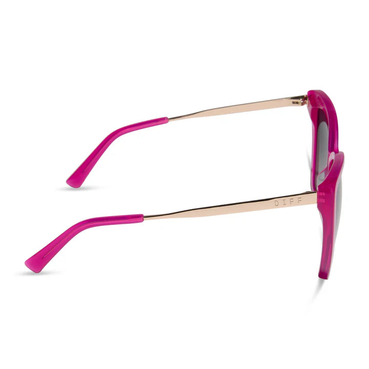 Sunglasses with pink frames and gold accents on a white background
