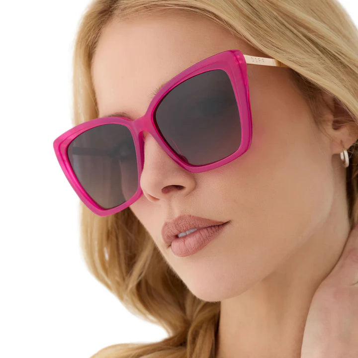 Close-up of a woman wearing pink sunglasses with a blurred background