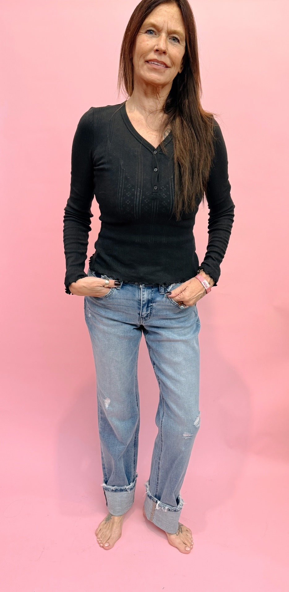 Bunny Everyday Daze V - Neck Long Sleeve Pointelle Henley - eloise boutique