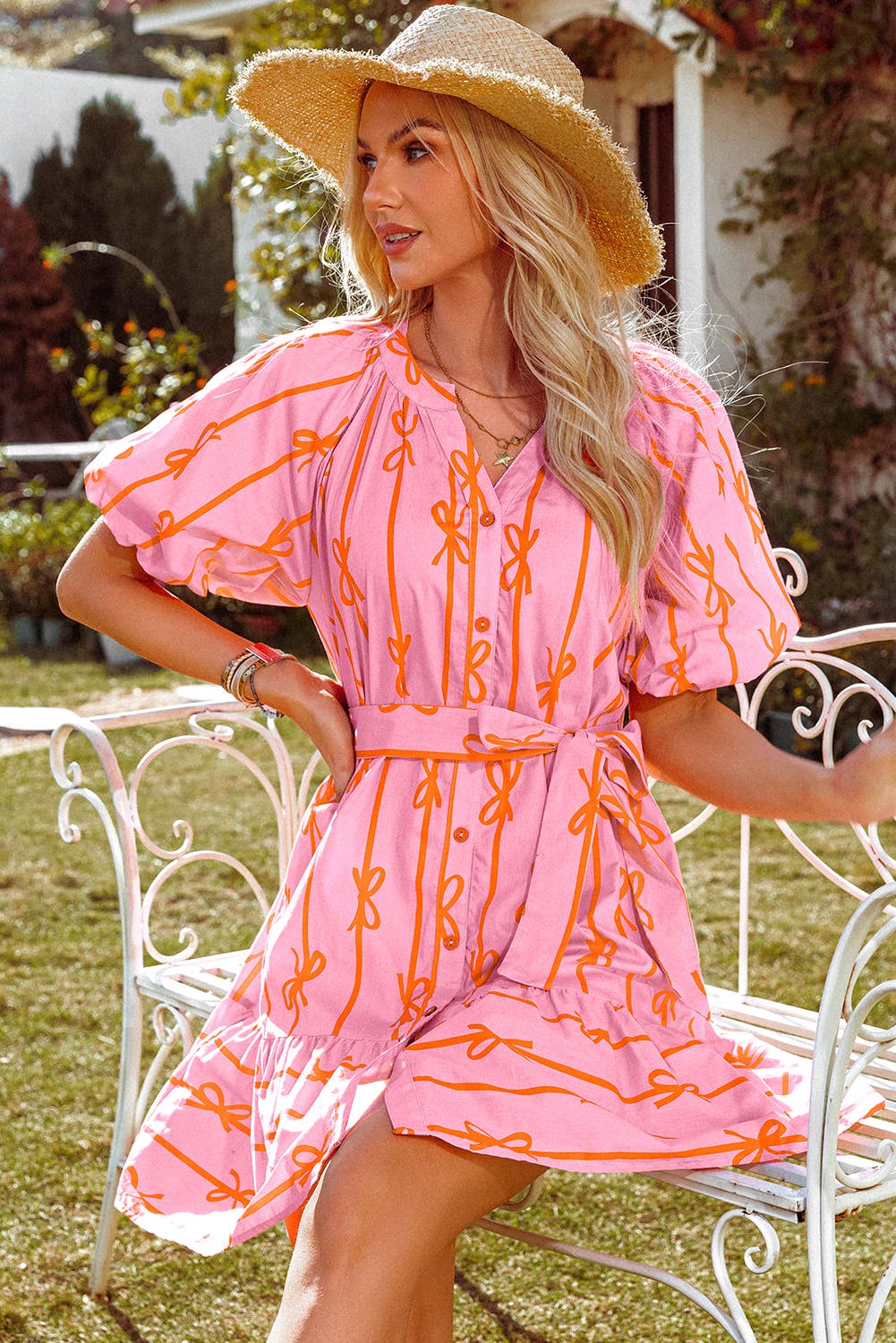 Bowknot Striped Bubble Sleeve Buttoned Belted Mini Dress