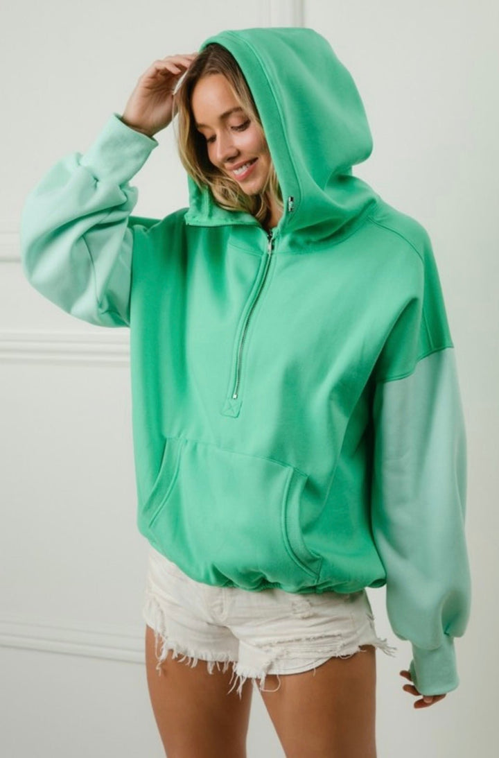 Color Block Elastic Hem Fleece Hoodie - eloise boutique