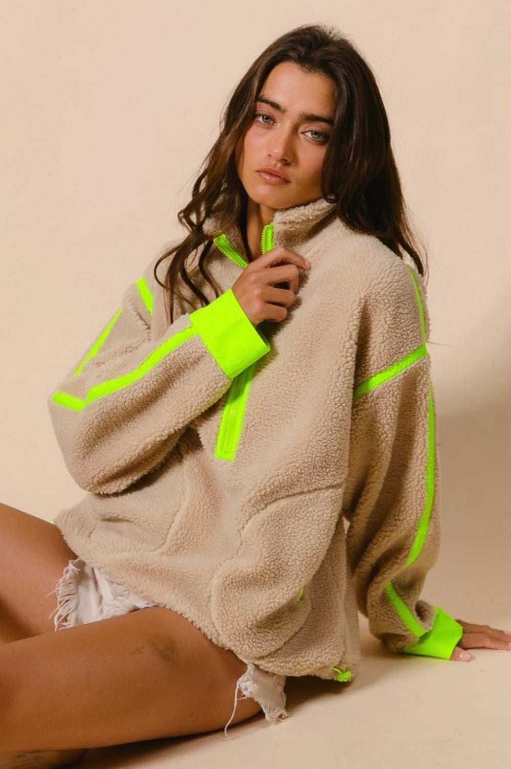 Contrast Edge Half Zip Up Sherpa Jacket With Pockets - eloise boutique
