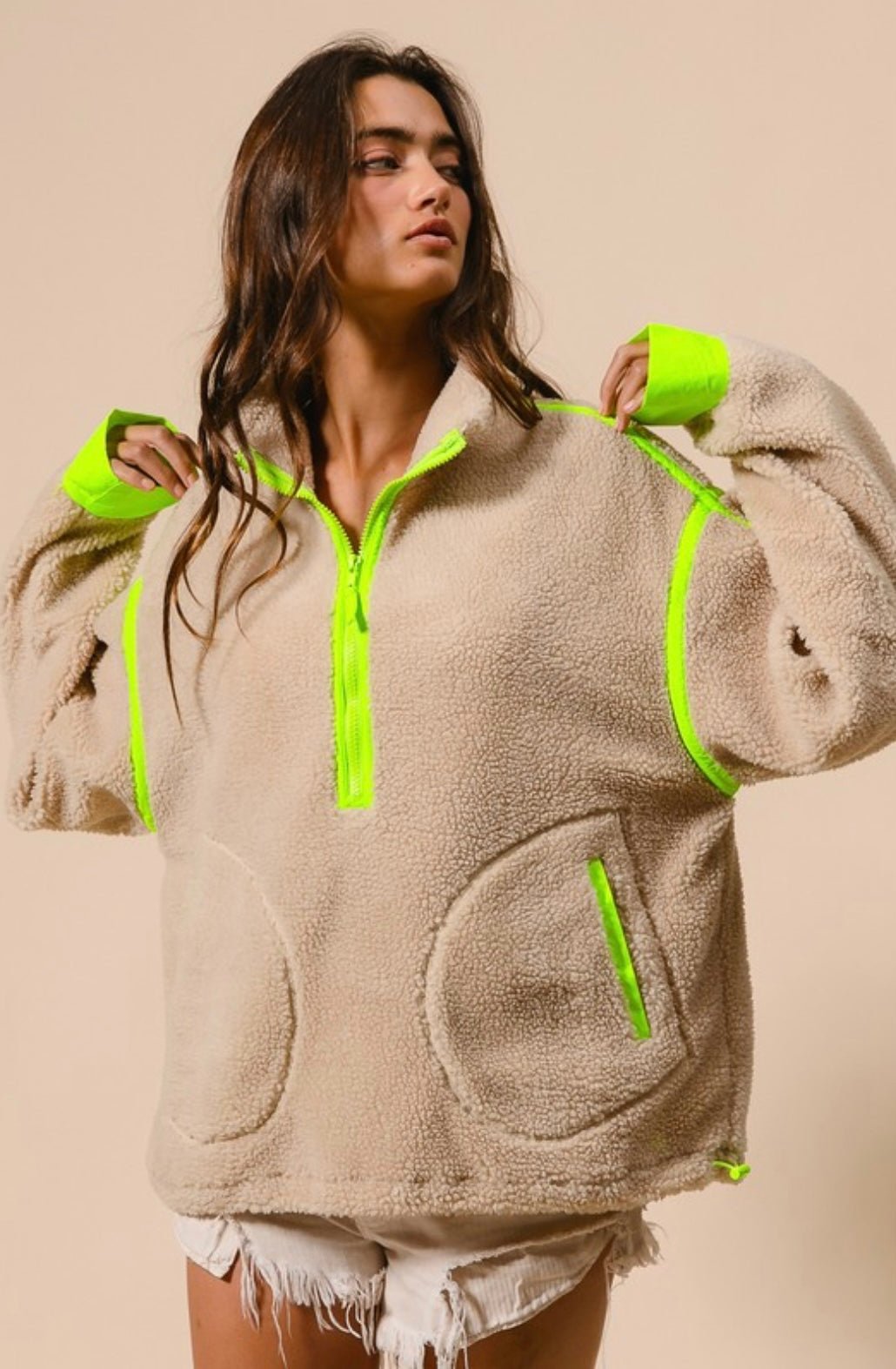 Contrast Edge Half Zip Up Sherpa Jacket With Pockets - eloise boutique