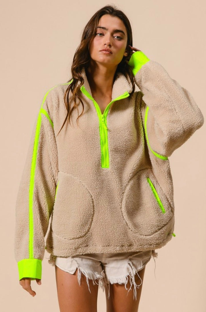 Contrast Edge Half Zip Up Sherpa Jacket With Pockets - eloise boutique
