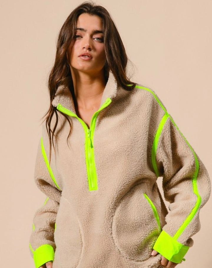 Contrast Edge Half Zip Up Sherpa Jacket With Pockets - eloise boutique