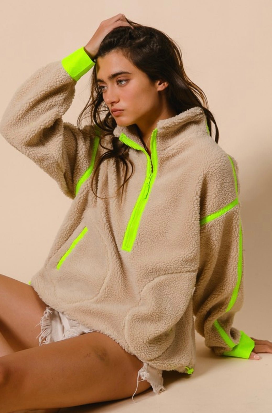 Contrast Edge Half Zip Up Sherpa Jacket With Pockets - eloise boutique