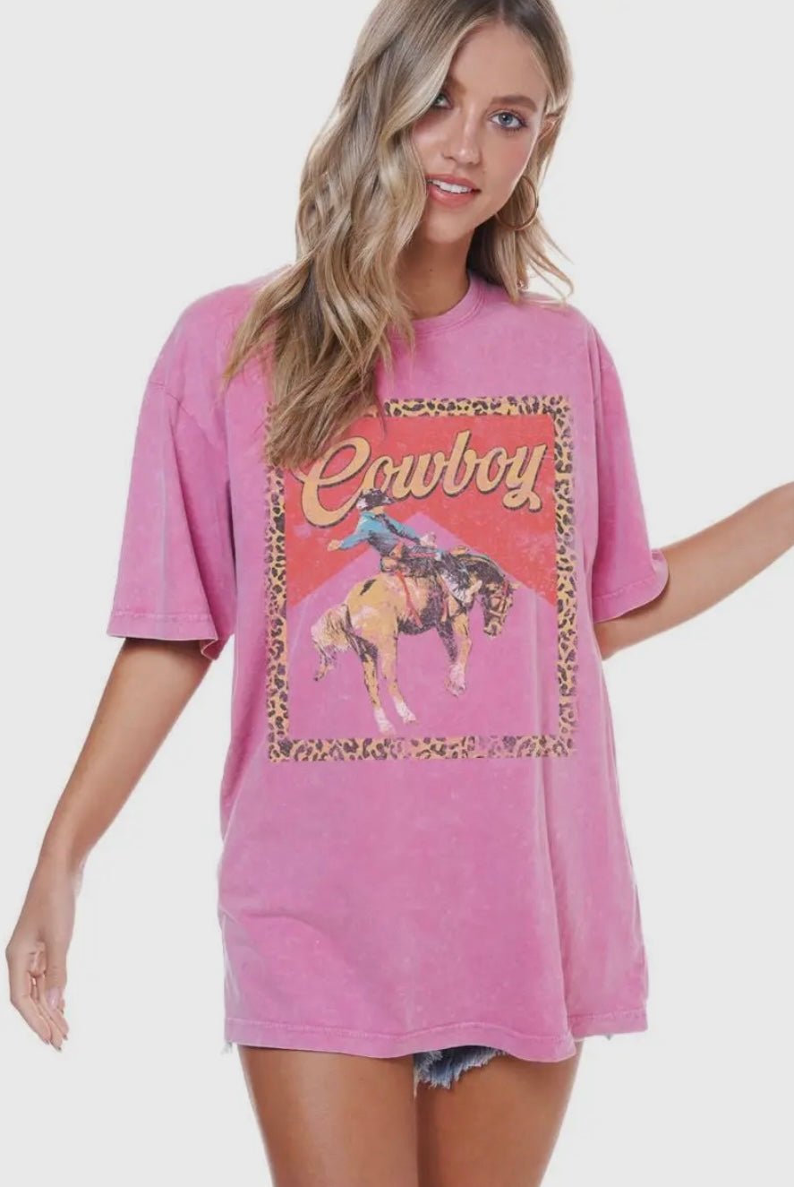 Cowboy Leopard Frame Graphic Short Sleeve Washed Boyfriend Tee - eloise boutique