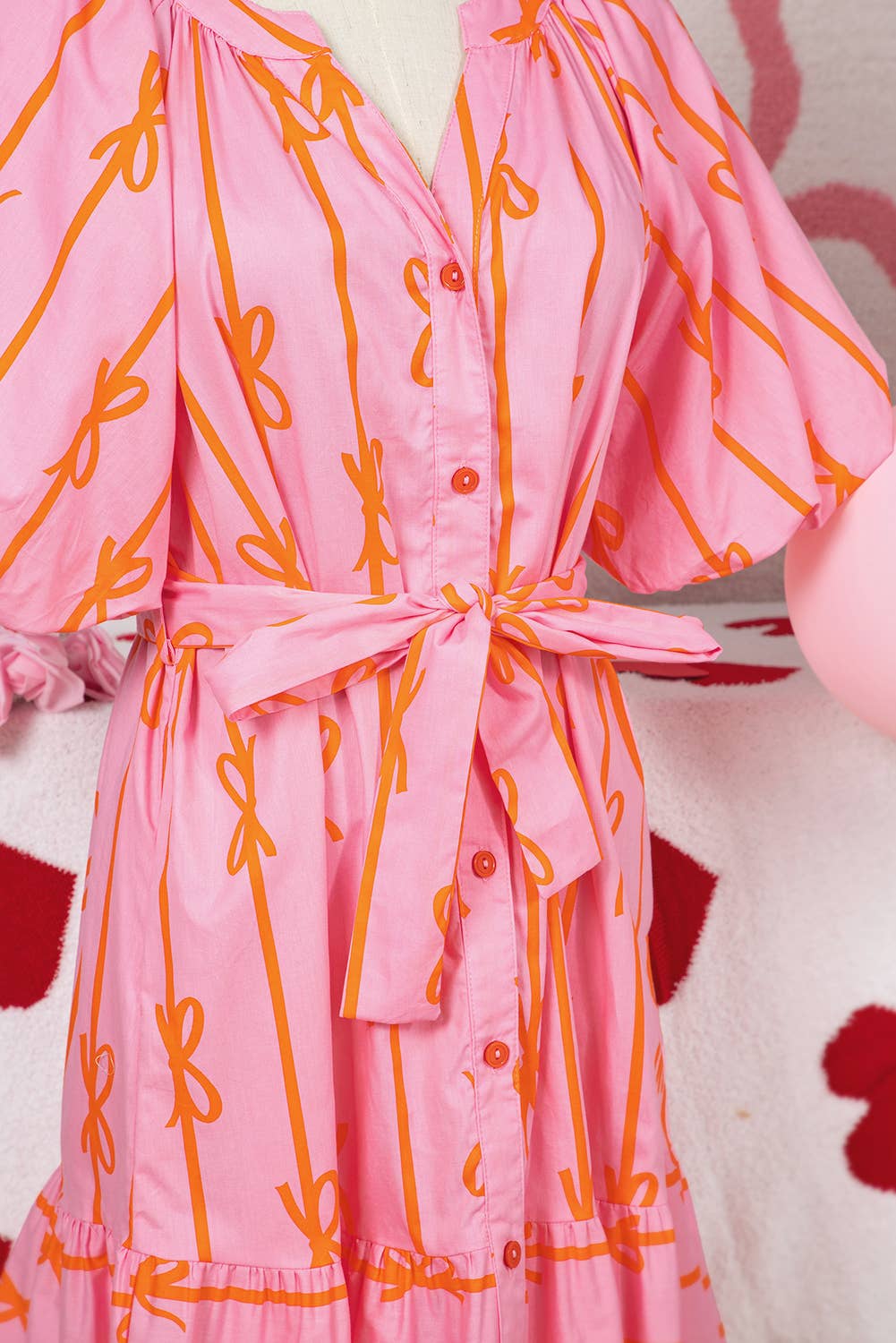Bowknot Striped Bubble Sleeve Buttoned Belted Mini Dress