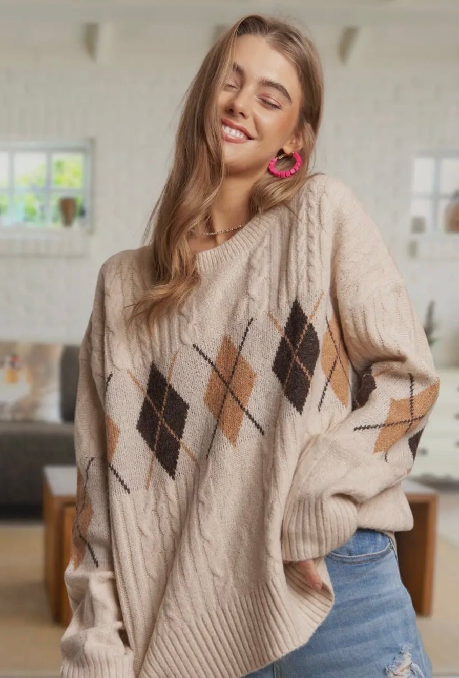 Diamond Pattern Cable Knit Sweater - eloise boutique