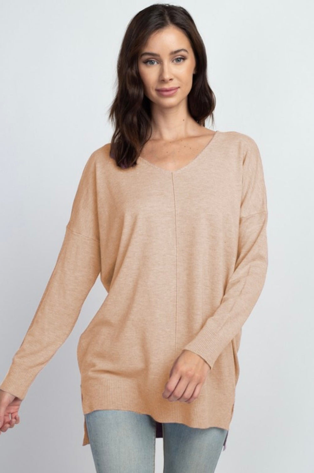 Dreamers Long V - Neck Sweater With Front Seam - eloise boutique