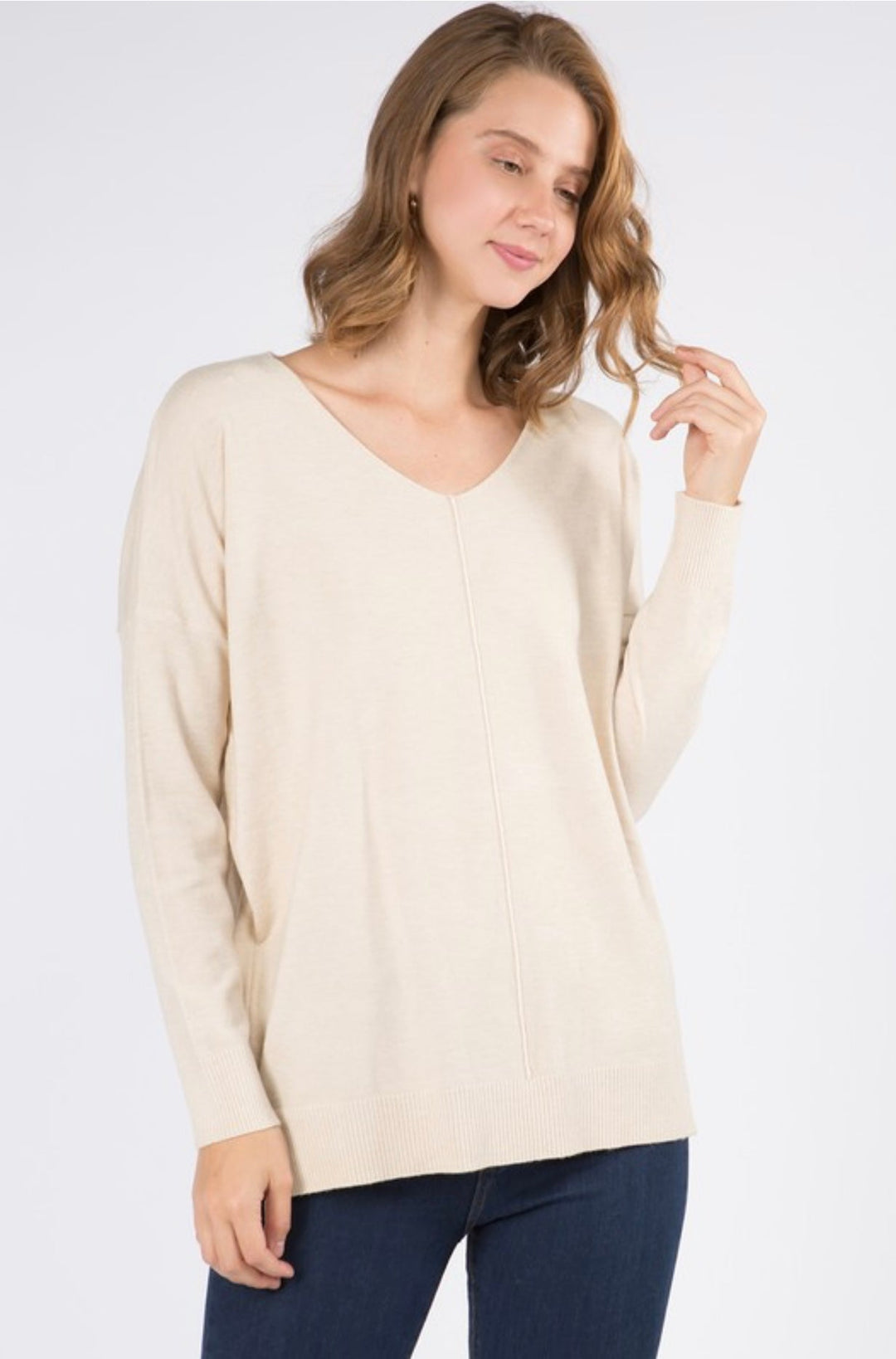 Dreamers Long V - Neck Sweater With Front Seam - eloise boutique