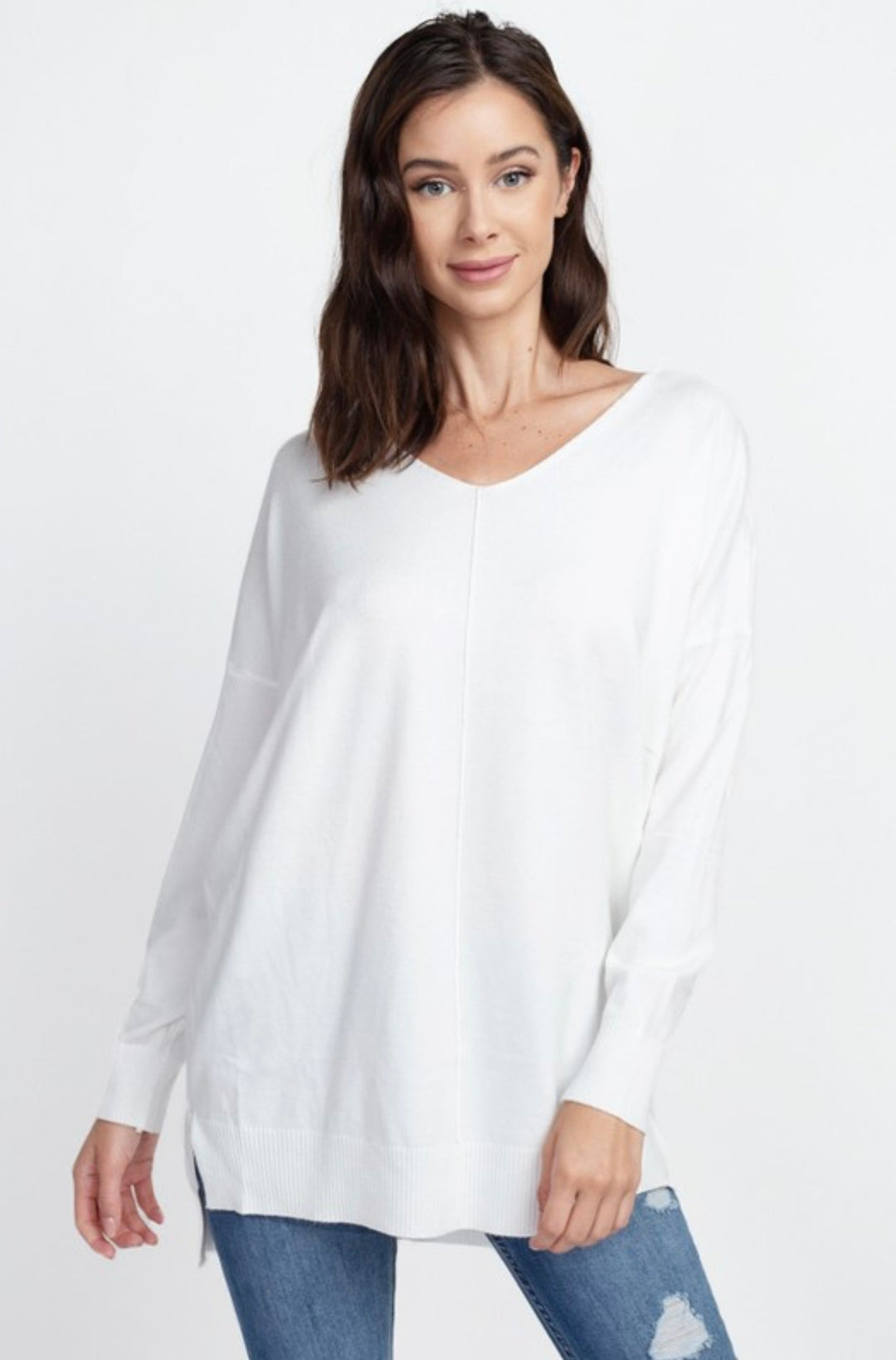 Dreamers Long V - Neck Sweater With Front Seam - eloise boutique