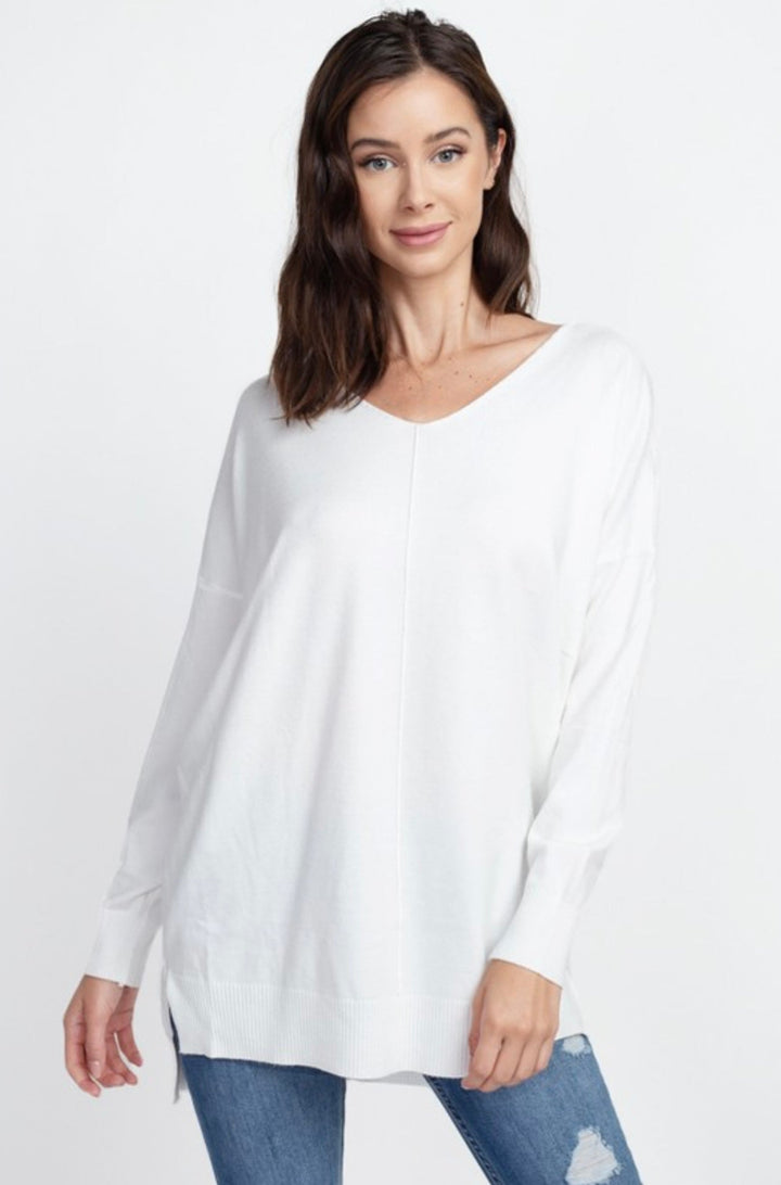 Dreamers Long V - Neck Sweater With Front Seam - eloise boutique