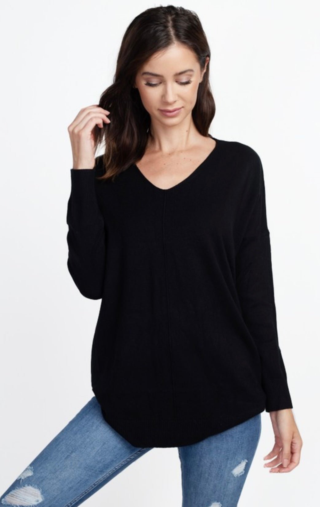 Dreamers Long V - Neck Sweater With Front Seam - eloise boutique
