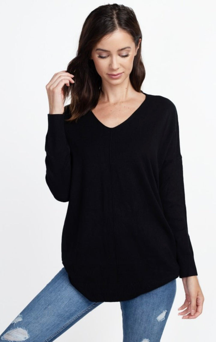 Dreamers Long V - Neck Sweater With Front Seam - eloise boutique