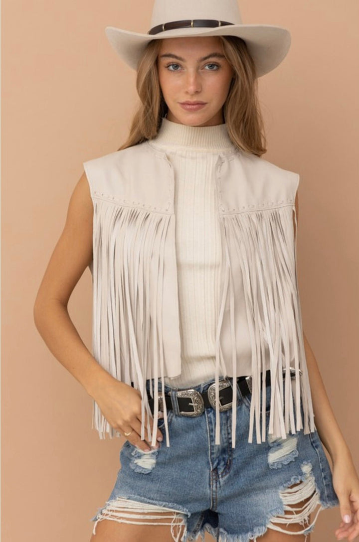 Faux Leather Fringe Braided Yoke Crop Waist Length Vest - eloise boutique