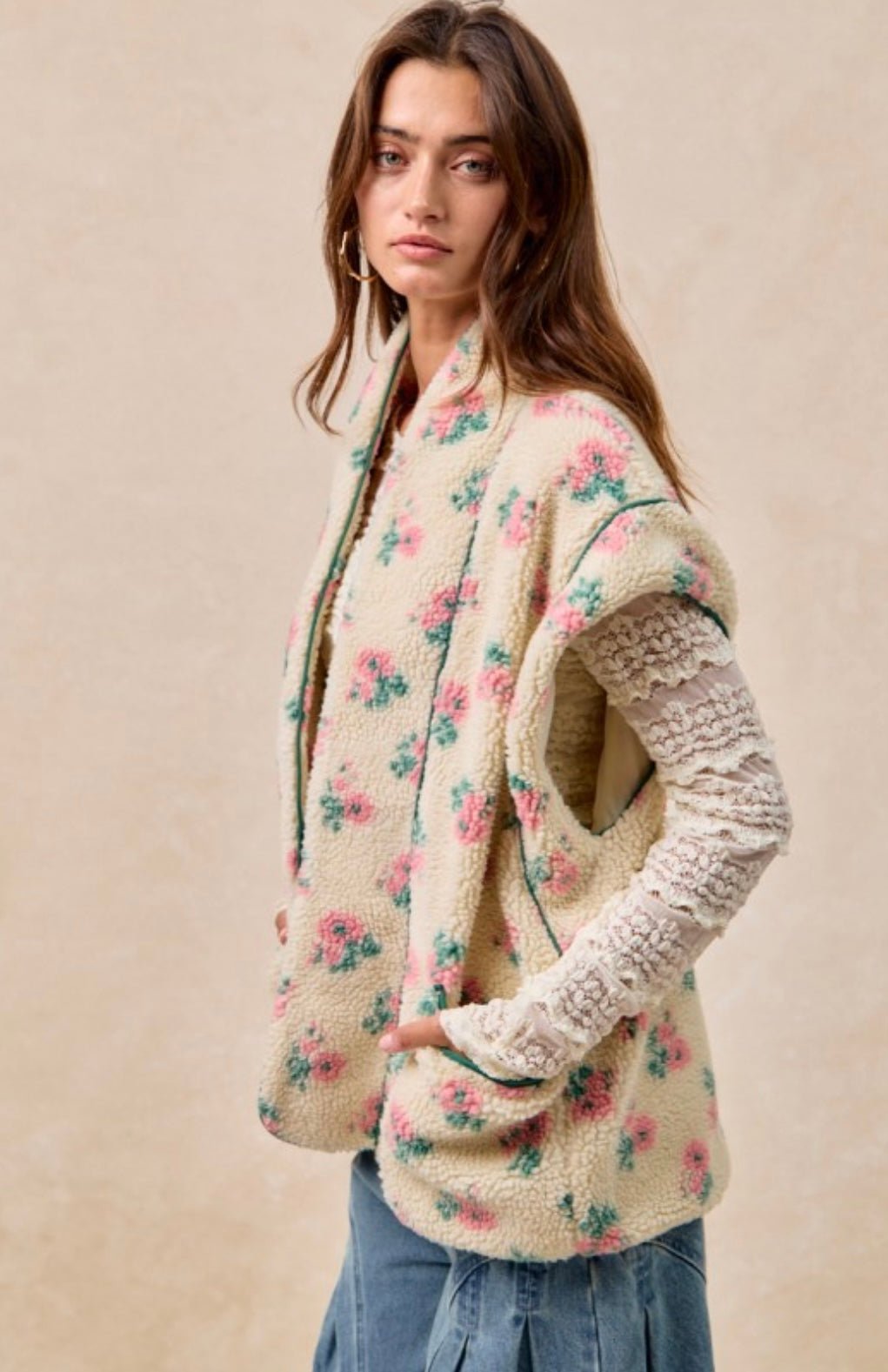 Floral Print Drop Shoulder Fleece Vest With Patch Pockets - eloise boutique