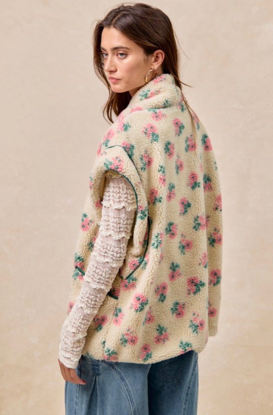 Floral Print Drop Shoulder Fleece Vest With Patch Pockets - eloise boutique