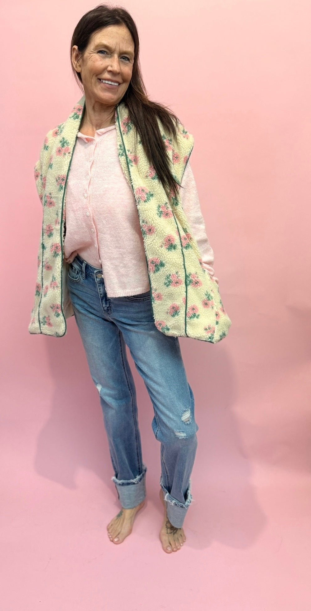 Floral Print Drop Shoulder Fleece Vest With Patch Pockets - eloise boutique