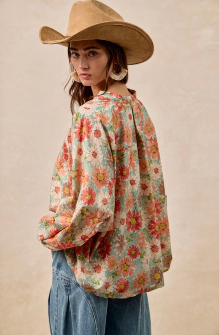 Flower Printed Dolman Sleeve Top - eloise boutique