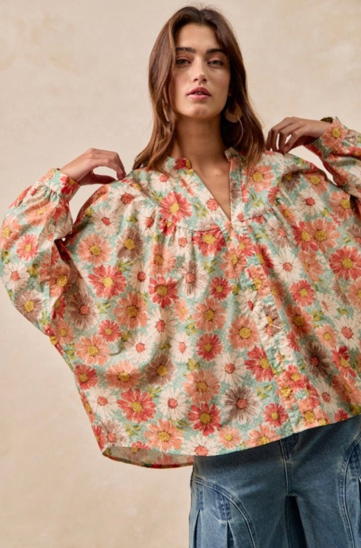 Flower Printed Dolman Sleeve Top - eloise boutique
