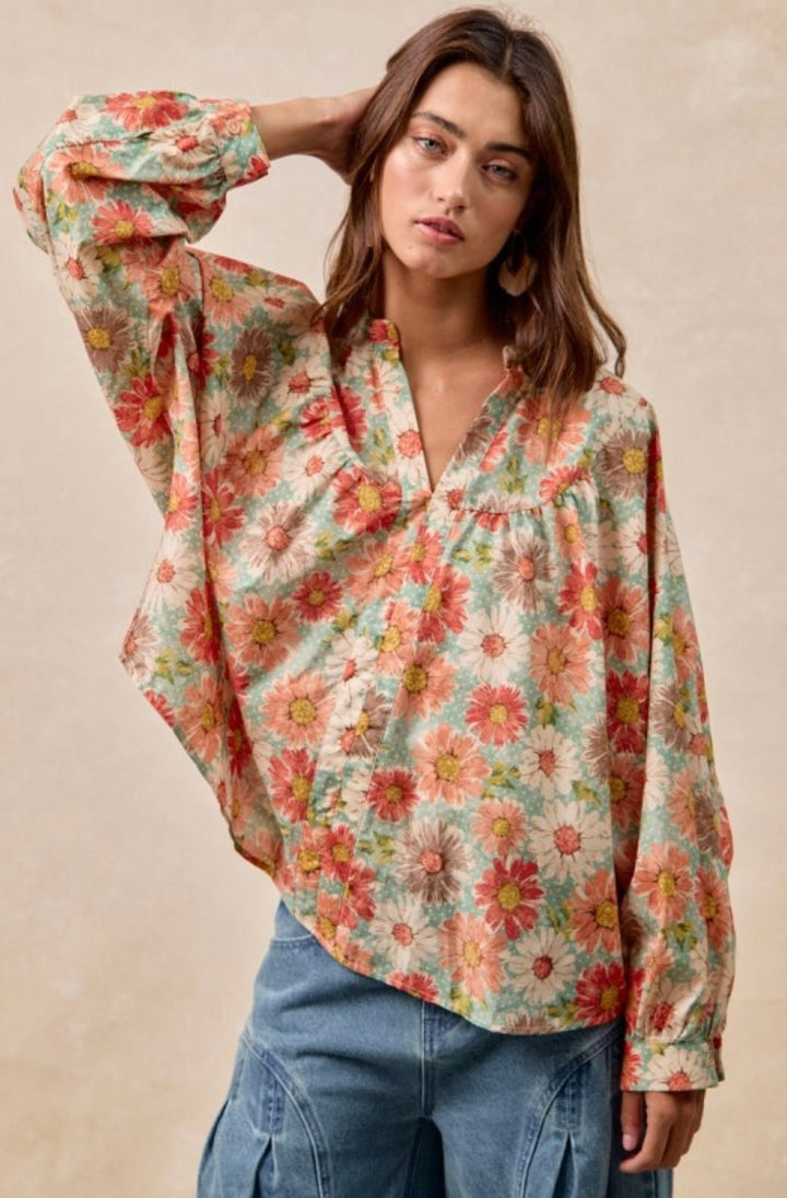 Flower Printed Dolman Sleeve Top - eloise boutique
