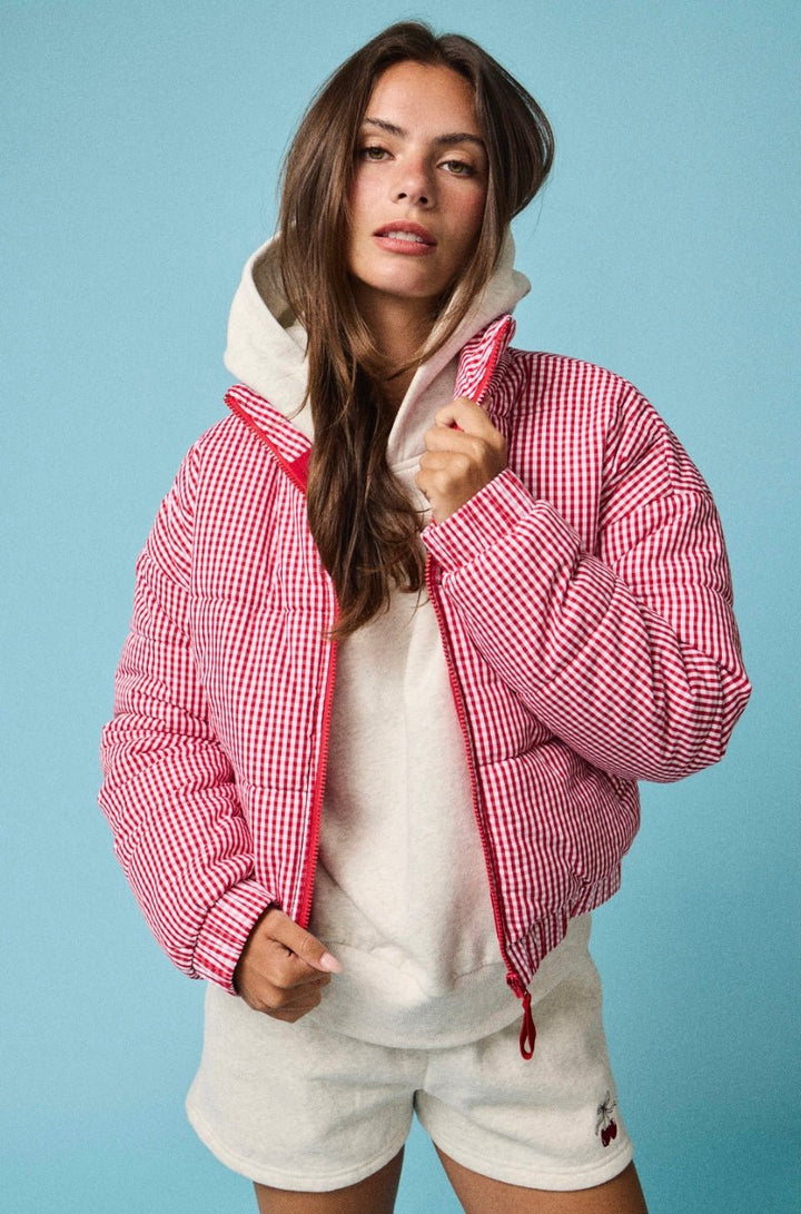 Gingham Zip Up Puffer Jacket - eloise boutique
