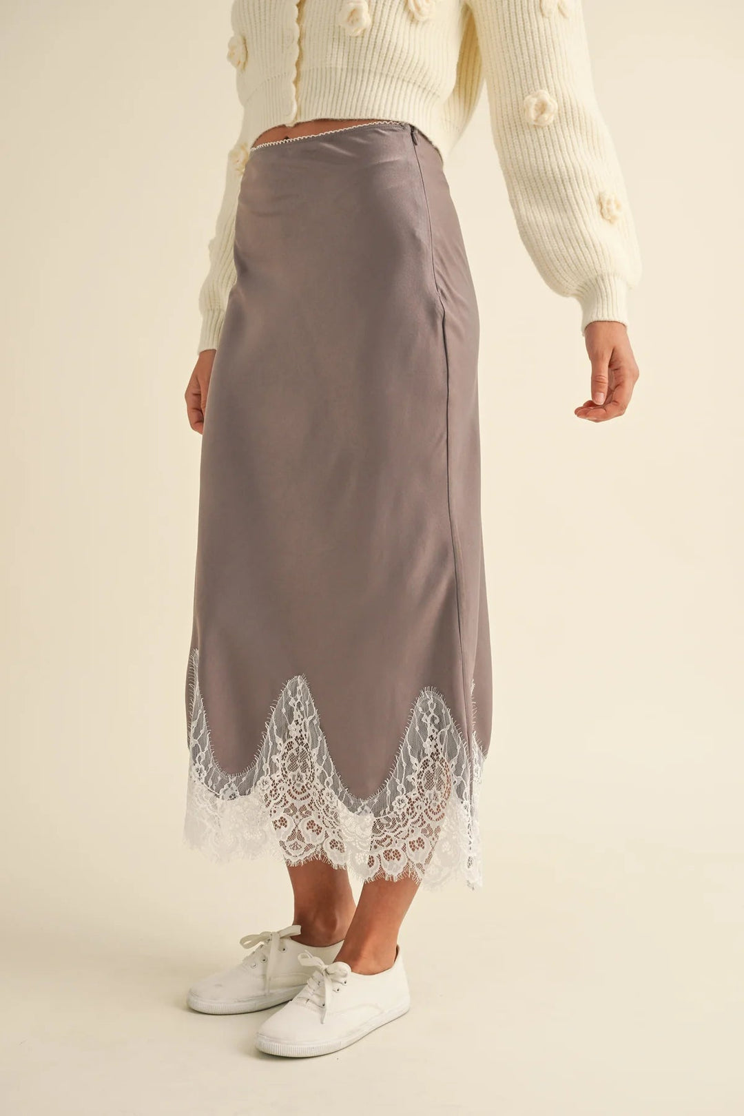 Gisele Scallop Lace Trimmed Satin Midi Skirt - eloise boutique
