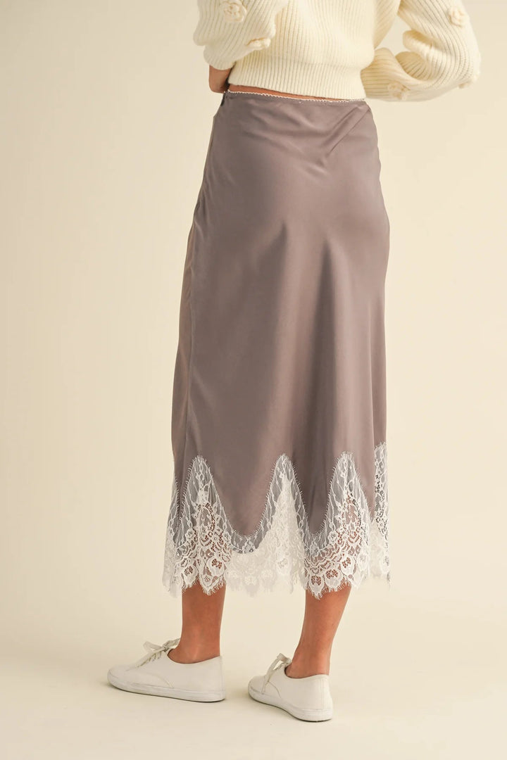 Gisele Scallop Lace Trimmed Satin Midi Skirt - eloise boutique