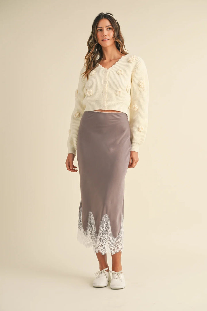 Gisele Scallop Lace Trimmed Satin Midi Skirt - eloise boutique