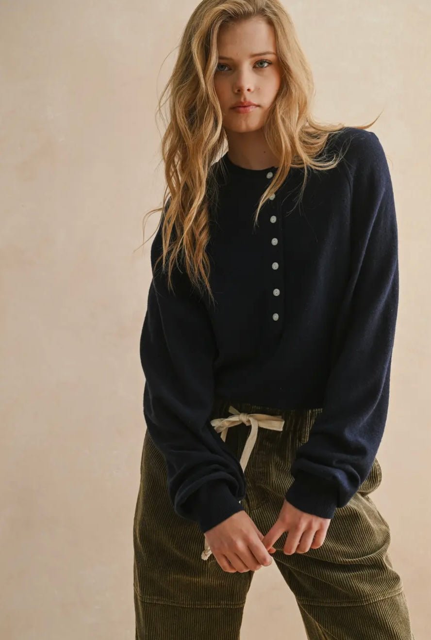Half Button Front Long Sleeve Sweater Top - eloise boutique