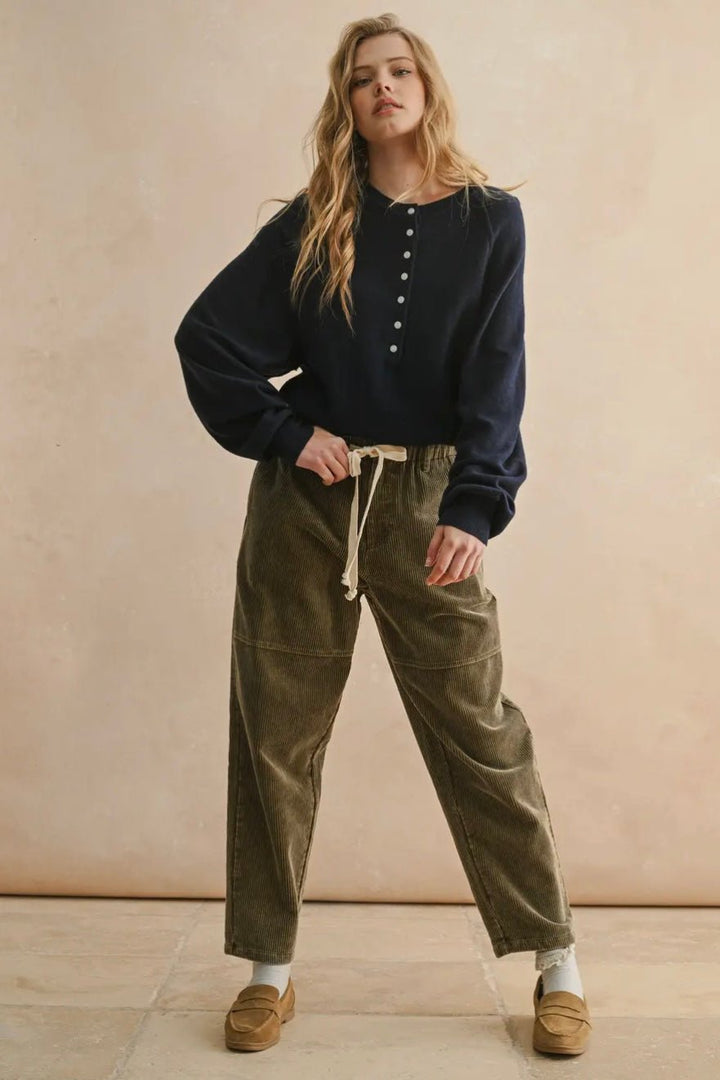 Half Button Front Long Sleeve Sweater Top - eloise boutique