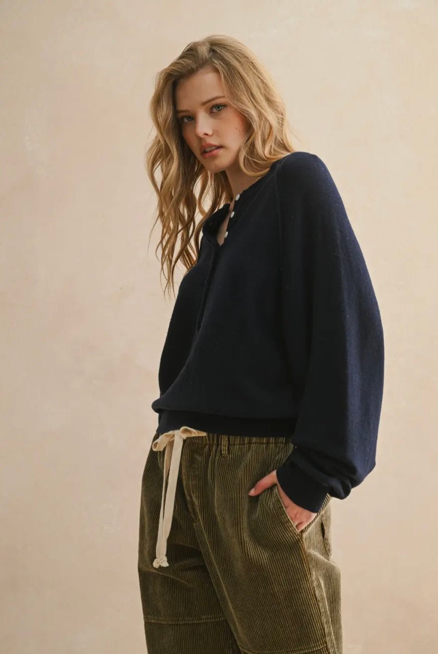 Half Button Front Long Sleeve Sweater Top - eloise boutique