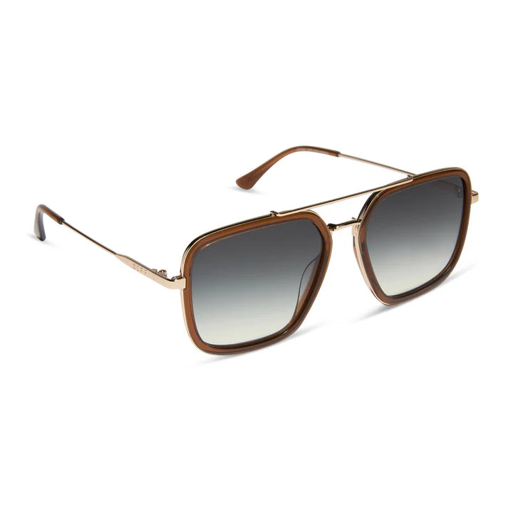 Sunglasses with brown frame and gradient lenses on a white background
