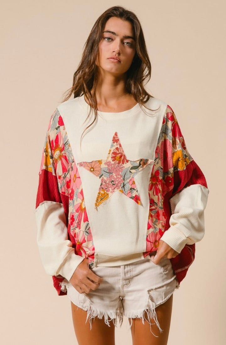 Knit and Print Mix and Match Rust Star Top - eloise boutique