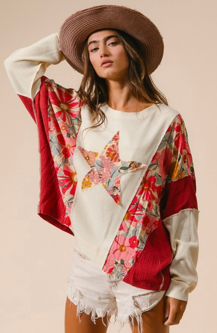 Knit and Print Mix and Match Rust Star Top - eloise boutique