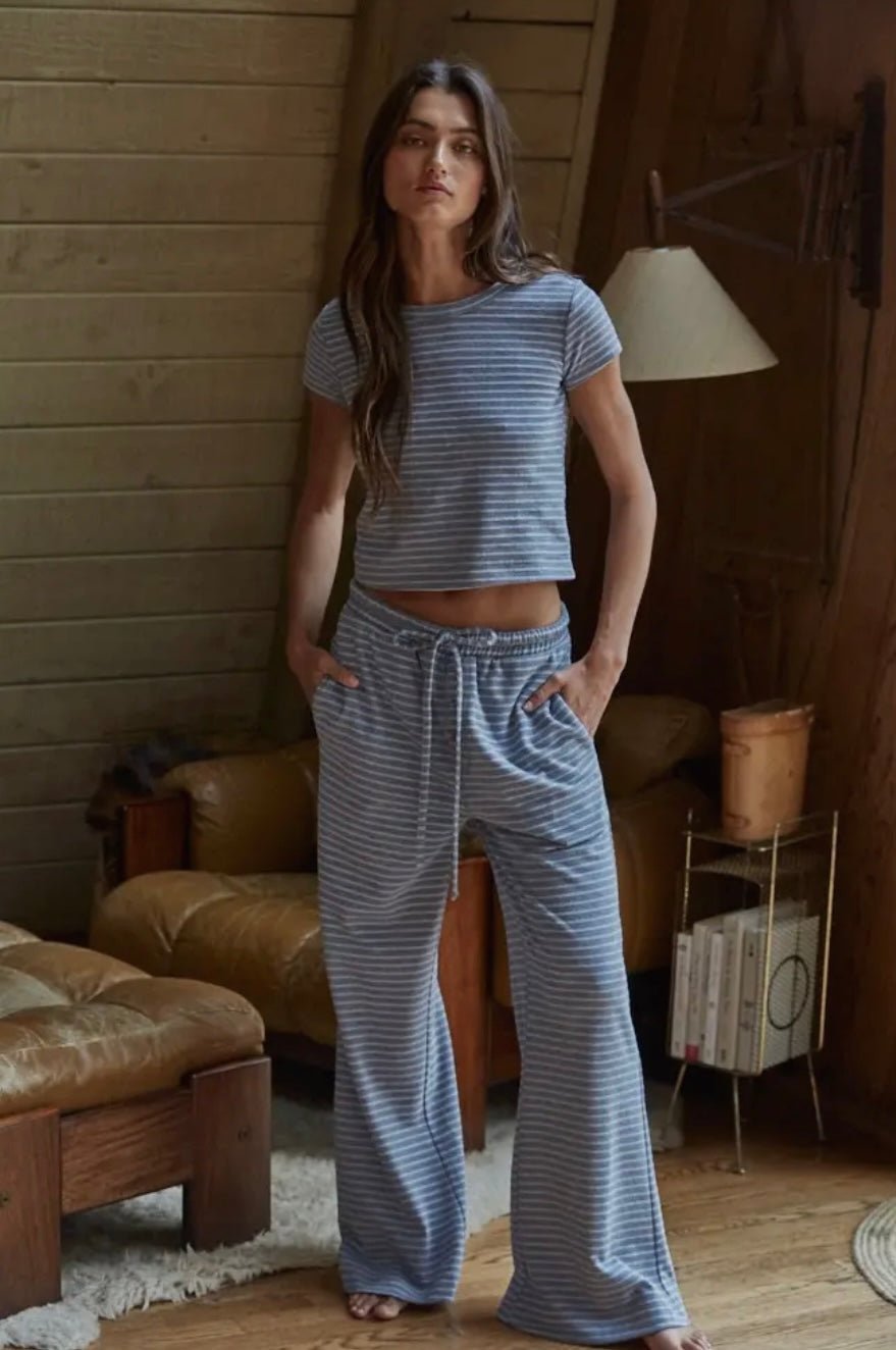 Knit Striped Tie Flare Pant and Short Sleeve Top SET - eloise boutique