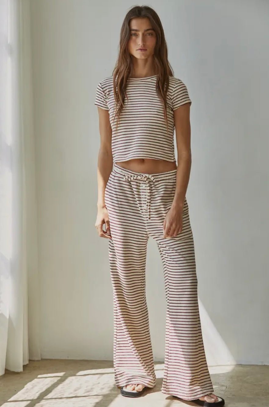 Knit Striped Tie Flare Pant and Short Sleeve Top SET - eloise boutique