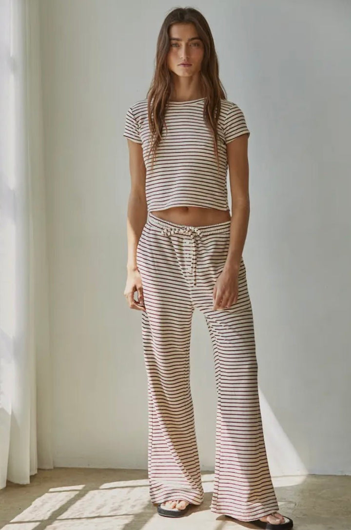 Knit Striped Tie Flare Pant and Short Sleeve Top SET - eloise boutique