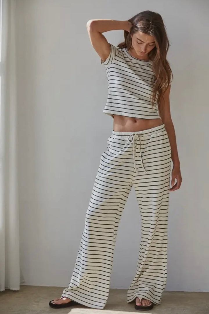 Knit Striped Tie Flare Pant and Short Sleeve Top SET - eloise boutique