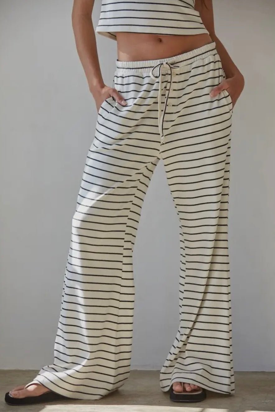 Knit Striped Tie Flare Pant and Short Sleeve Top SET - eloise boutique