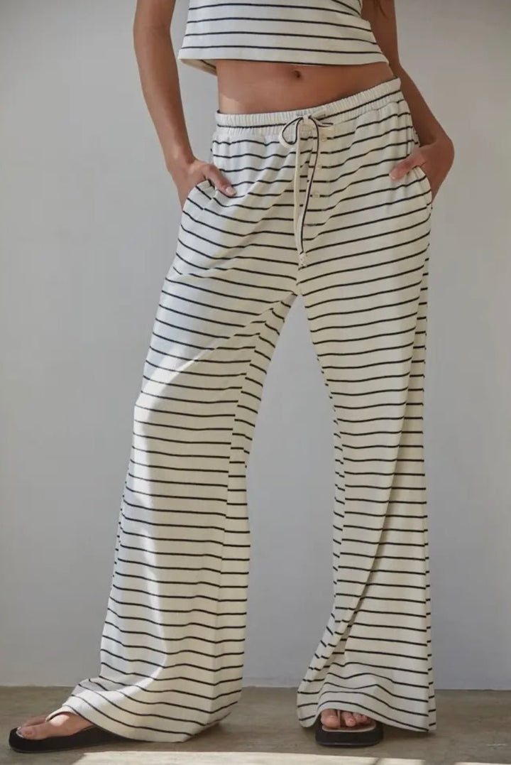 Knit Striped Tie Flare Pant and Short Sleeve Top SET - eloise boutique