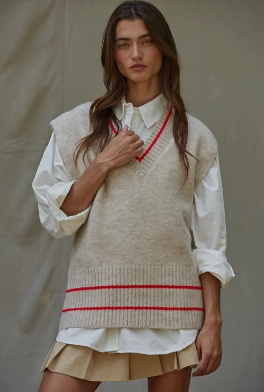 Knit Sweater Vest Top With Pinter Striped Detail - eloise boutique