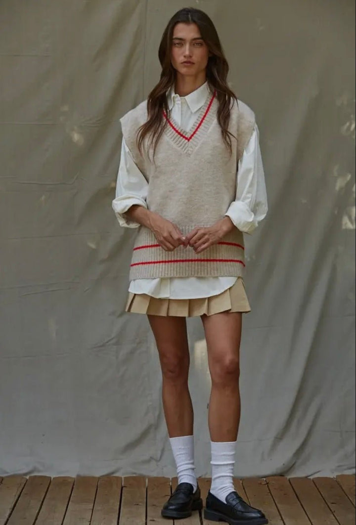 Knit Sweater Vest Top With Pinter Striped Detail - eloise boutique