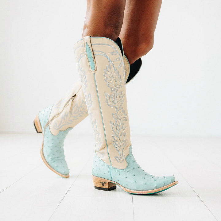 LANE Sandaga Knee High - Powder Blue Ostrich - eloise boutique