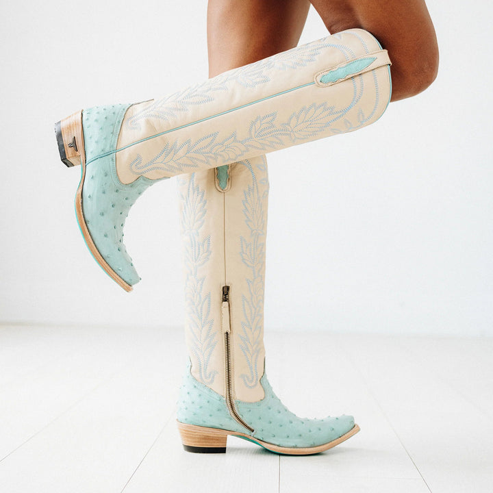 LANE Sandaga Knee High - Powder Blue Ostrich - eloise boutique