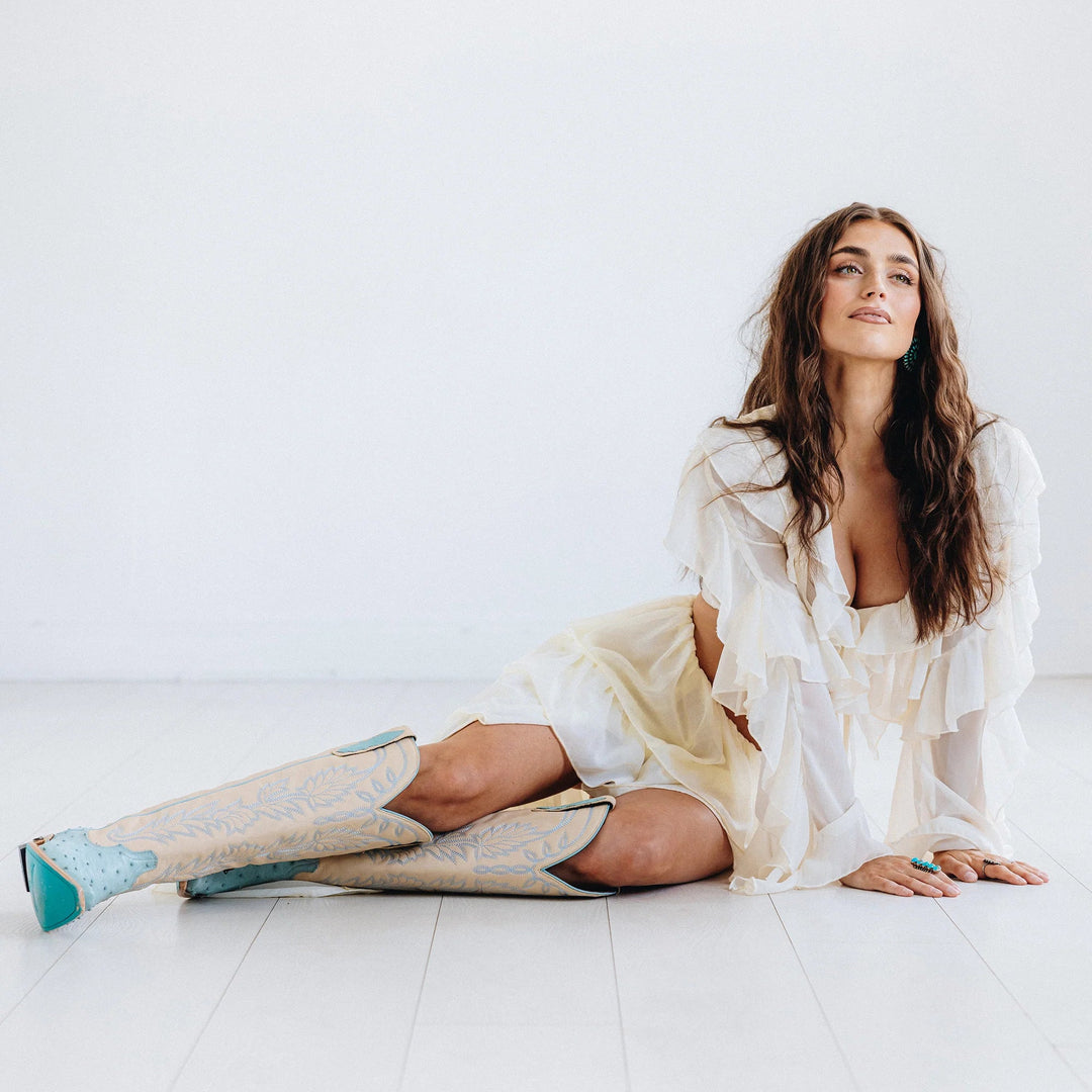 LANE Sandaga Knee High - Powder Blue Ostrich - eloise boutique