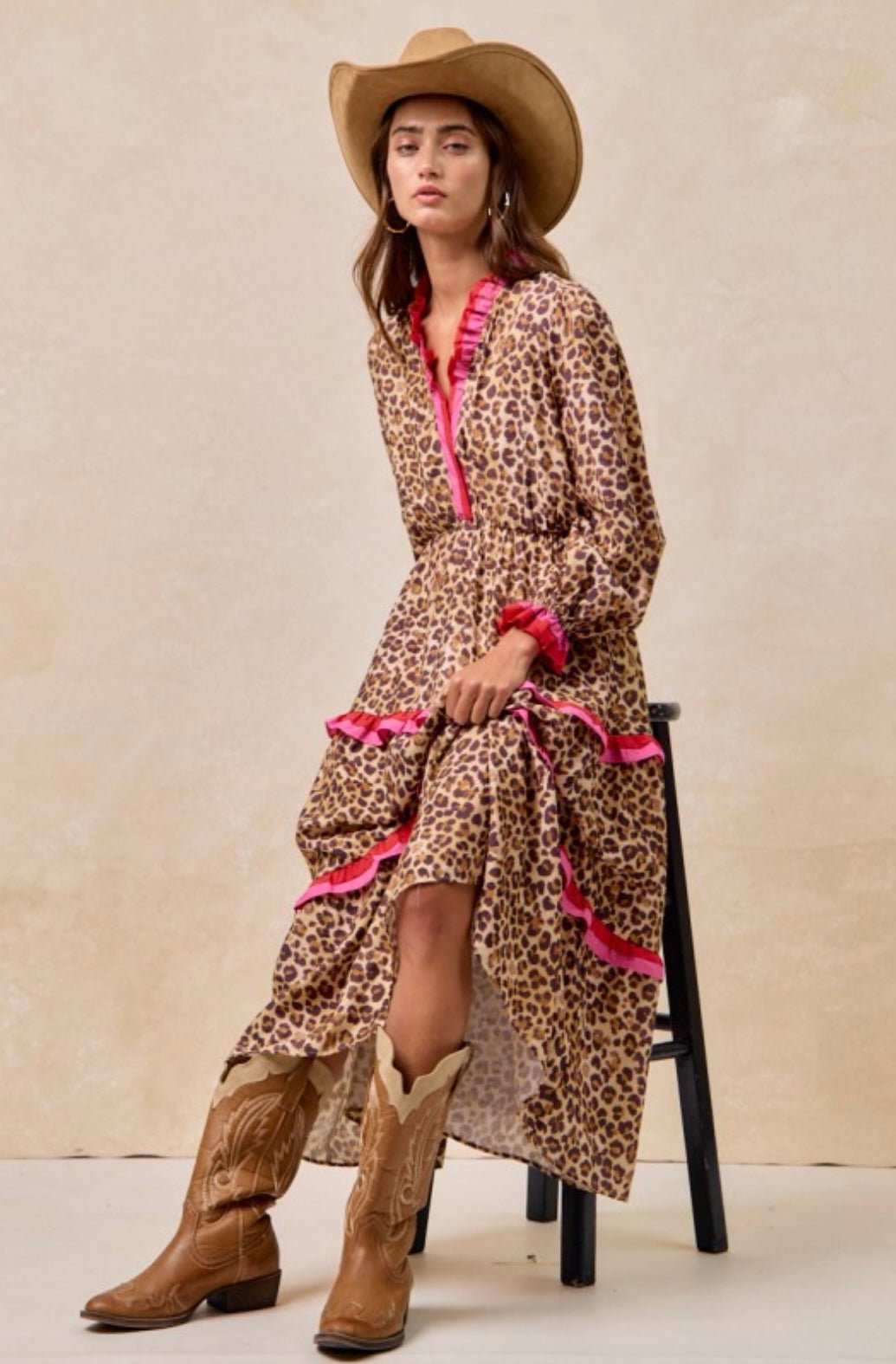 Leopard Printed Midi Dress With Contrast Stripe Edged Details - eloise boutique