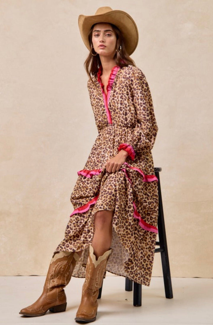 Leopard Printed Midi Dress With Contrast Stripe Edged Details - eloise boutique