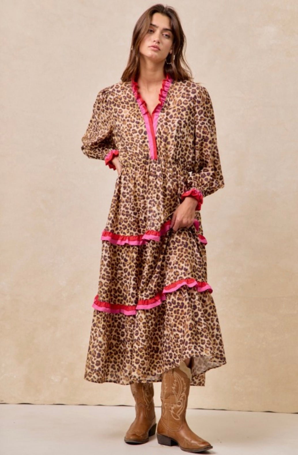 Leopard Printed Midi Dress With Contrast Stripe Edged Details - eloise boutique